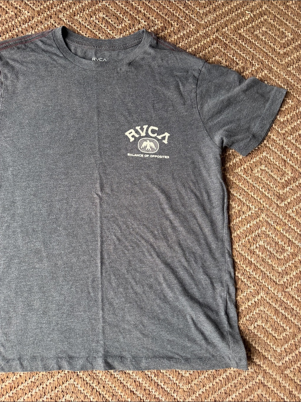 RVCA Men's Short Sleeve Crew T-Shirt in Charcoal Gray with Cream Logo ~ Medium